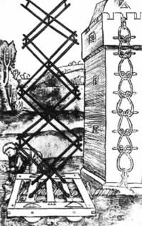 Подъемная лестница ножничного типа для подъема на крепостную стену (по Флавию Вегетиусу, 1529 год)